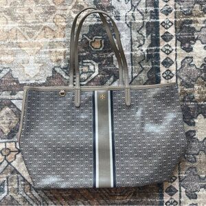 Tory Burch Gemini Link Coated Canvas Open Top Large‎ Tote gray blue